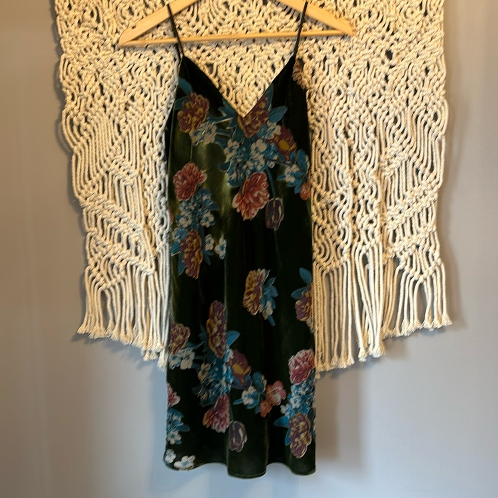 Lavender Brown Green Velvet Floral Spaghetti Strap Low Back Dress